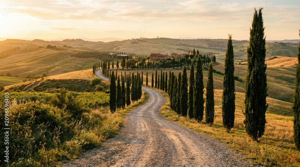Obraz premium Winding dirt road through cypress trees in Tuscany landscape at sunset