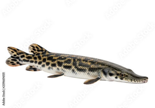 Detailed freshwater alligator gar fish swimming in dark water with black background isolated on transparent background