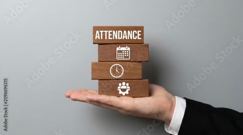 Hand holding wooden blocks with attendance calendar clock with clock team icons human resources collaboration organization with time