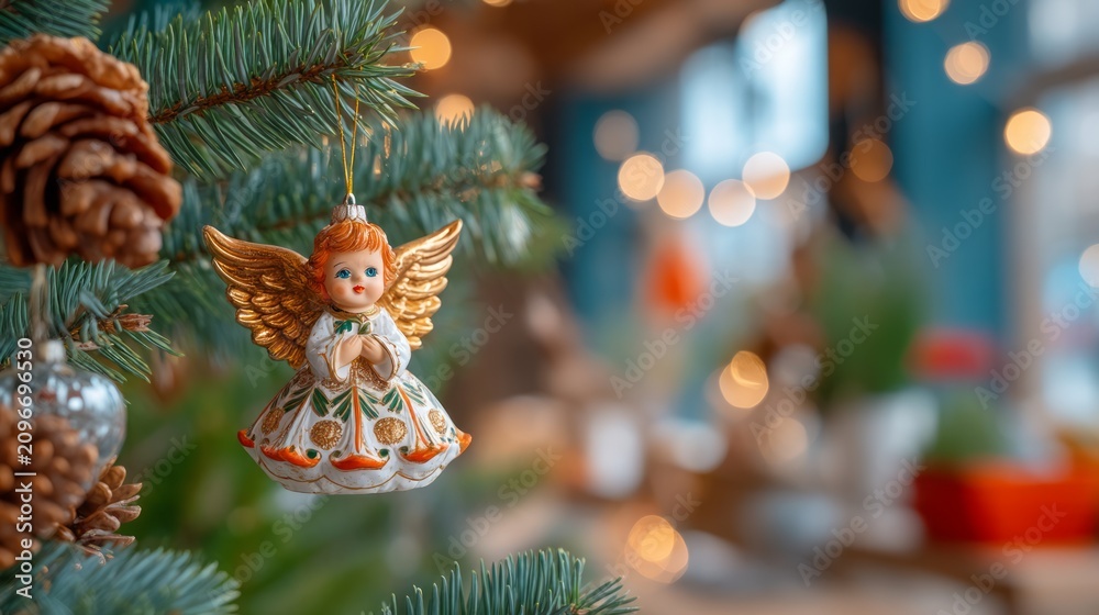Fototapeta premium Close-up of vintage angel ornament hanging on decorated green pine branch