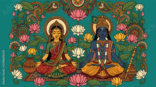 Fotografi Radha and Krishna Meditating in Lotus Pose Surrounded by Lotuses and Paisley Pat