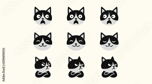 Quadro em tela Vector Cat Faces Expressing Shock, Peace, and Stubbornness with Crossed Arms, Fl