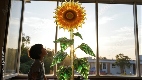 Child gazes up at giant glass sunflower by window, golden light streaming in.