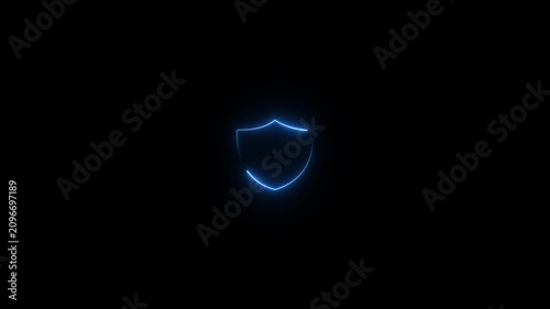 Neon blue shield animation glowing cyber security symbol on black background, protection