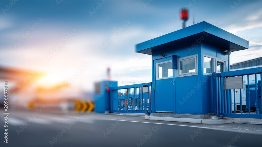 Obraz premium Blue security booth with barrier gate at modern vehicle entrance during sunset
