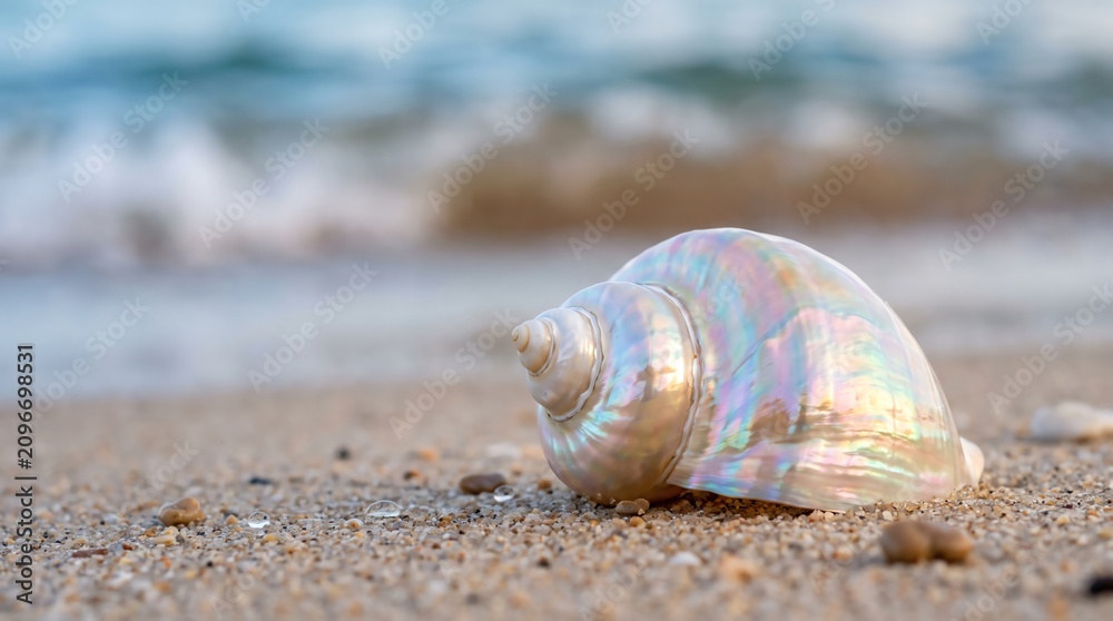 Obraz premium Beautiful iridescent pearlescent conch shell on the sandy beach with ocean wave background