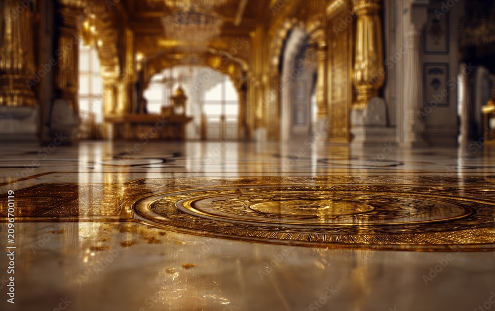 Obraz premium Golden Hall Interior with Detailed Design and Vivid Reflection in Light
