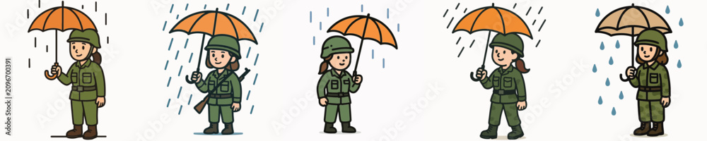 Fototapeta premium Set of vector illustrations of a female soldier using an umbrella in the rain.