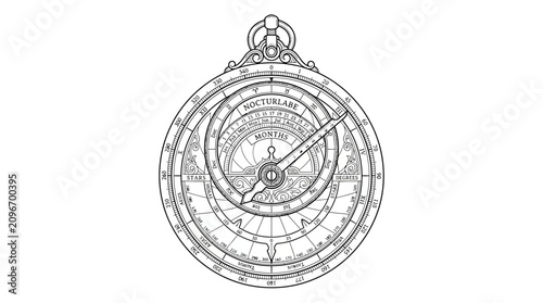 Vintage Celestial Navigation Tool Nocturlabe Illustration in Coloring Page Style