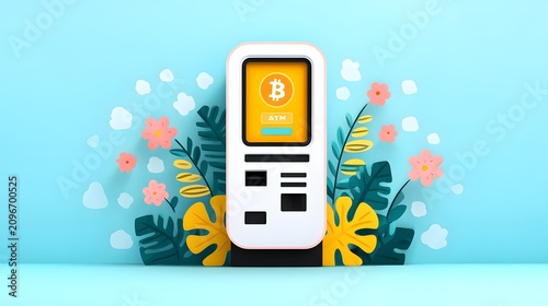Conceptual Bitcoin ATM Surrounded by Vibrant Digital Botanical Elements Signifying Financial Growth Potential