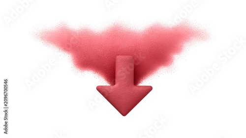 Red Powder Explosion with Downward Arrow Symbolizing Direction and Dynamic Movement on White Background