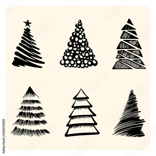 Hand Drawn Christmas Tree Doodles Set Line Art