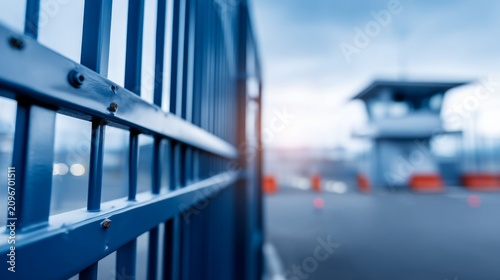 Close-up of blue metal fence with blurred security tower and industrial area