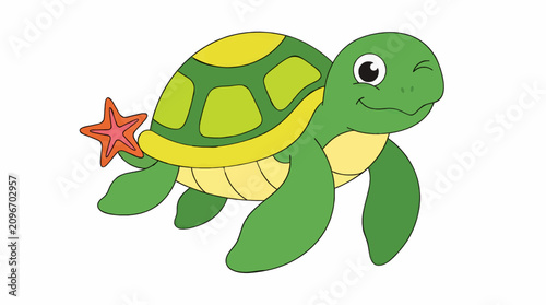 Cute Cartoon Sea Turtle with Orange Starfish, Adorable Flat Vector Illustration, Winking Eye and Friendly Smile, Isolated on White Background, Graphic Resource