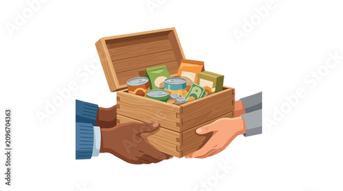 Hands holding wooden crate filled with canned food for donation
