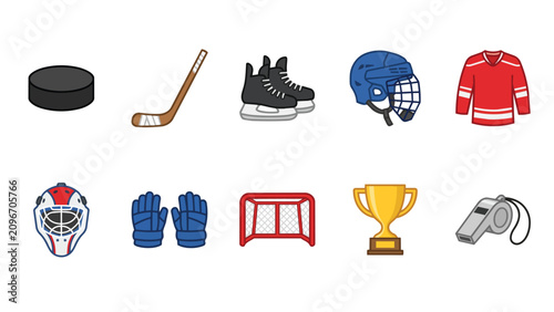 Photography Set of colorful ice hockey gear and equipment icons on white