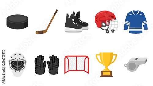 Photography Colorful ice hockey equipment and gear icons set