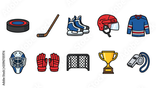 Photography Ice hockey equipment and accessories icon collection set