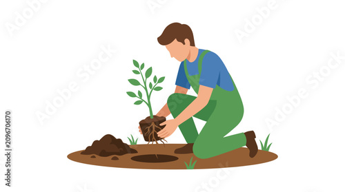 Photos Male gardener planting young tree sapling in soil.