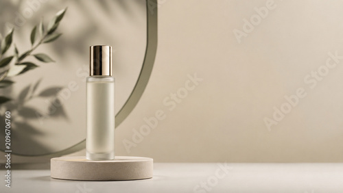 Flacon cosmétique neutre sur socle minimaliste