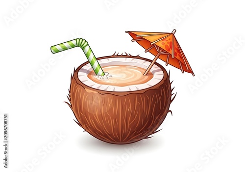 Open coconut with straw and colorful paper umbrella