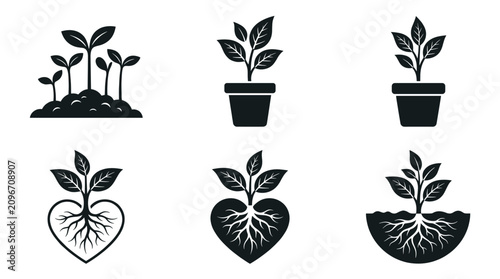 Foto Minimalist plant growth icons with heart-shaped root systems.