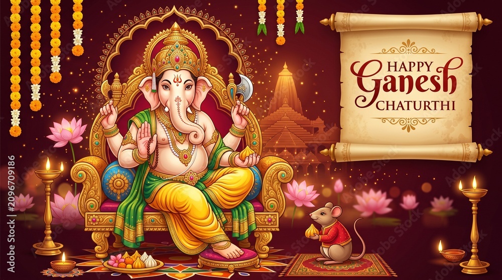 Fototapeta premium Happy Ganesh Chaturthi: Lord Ganesha with Modak and Mouse