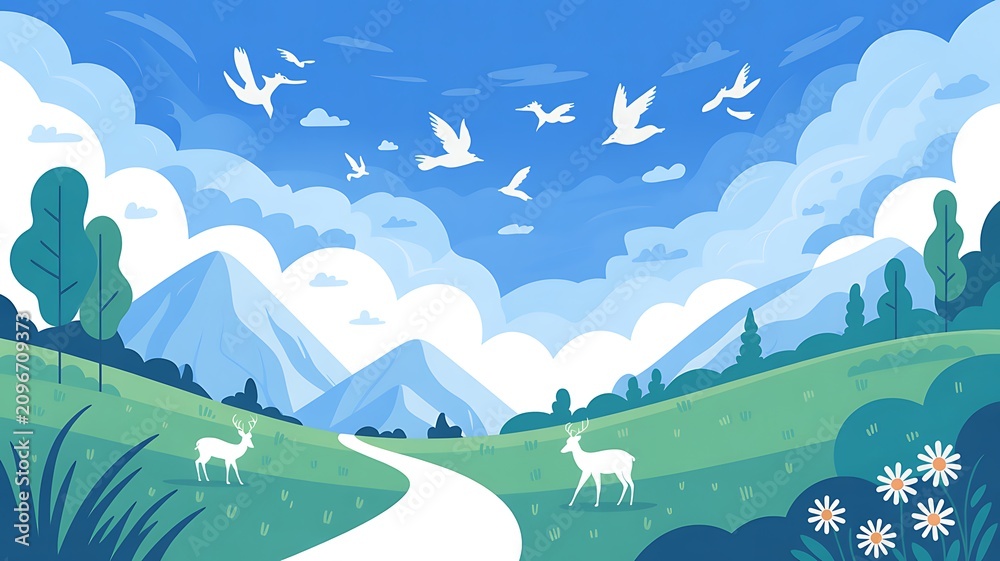 Obraz premium A whimsical illustration depicts a serene landscape with a play button, eye, tree, and house.