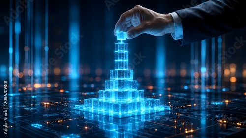 Businessman's hand building a glowing blue data pyramid on a futuristic digital circuit board, symbolizing technological growth and innovation.