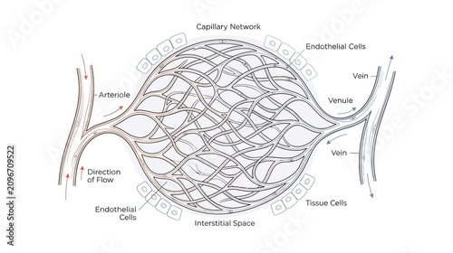 Bild auf Leinwand Capillary Network Diagram: Arteriole, Venule, Endothelial Cells, Tissue Cells