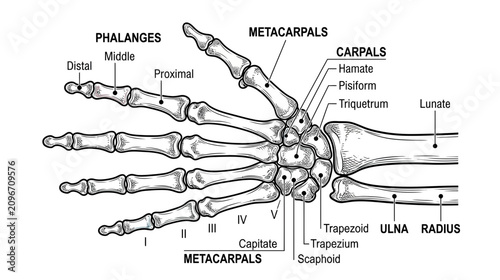 Bild auf Leinwand Human Hand Skeleton Anatomy Diagram with Labels
