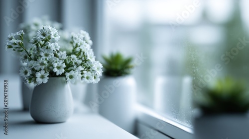 Serene Indoor Scene with Fresh White Flowers in Vase and Green Plants Near Window
