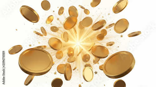 Flying gold coins burst vector illustration with shiny spinning money tokens, dynamic cash explosion and sparkle effects for finance, jackpot, gaming bonus and success advertisement design