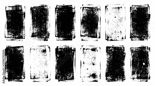 Grunge rolled ink stamp textures handmade with brayer. Letterpress vintage rough irregular rectangle vertical backgrounds Linocut relief printing shapes illustration transparent backdrop