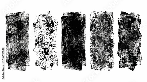 Grunge rolled ink stamp textures handmade with brayer. Letterpress vintage rough irregular rectangle vertical backgrounds Linocut relief printing shapes illustration transparent backdrop