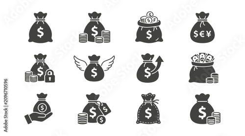 Set of Money bag icons. Line money bag icon , black and white sack, Flat Money bag Vector illustration. Money bag icon