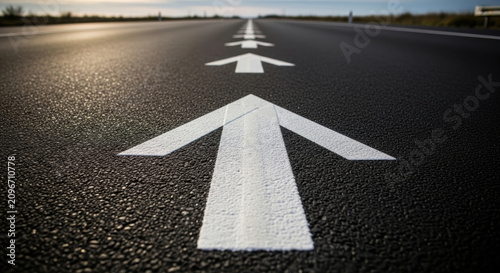 Strategic navigation concept with white arrows painted on asphalt road surface leading forward in clear direction under natural light