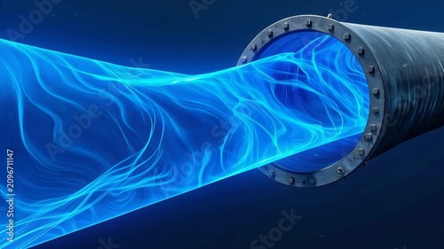 Blue Energy Flowing Through Pipe: A dynamic illustration depicts vibrant blue energy or fluid flowing powerfully through a industrial pipe, symbolizing data transfer or technological innovation.