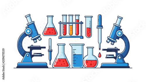 A clean vector illustration depicts modern laboratory equipment neatly arranged featuring microscopes test tubes beakers and pipettes in a flat design style.