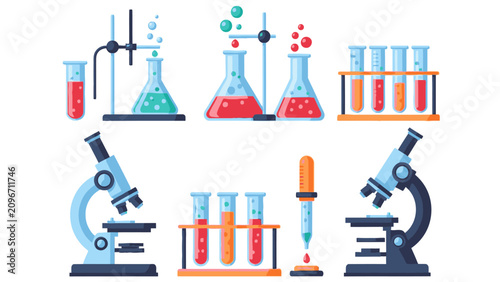 A precise illustration of various laboratory equipment and tools arranged neatly.