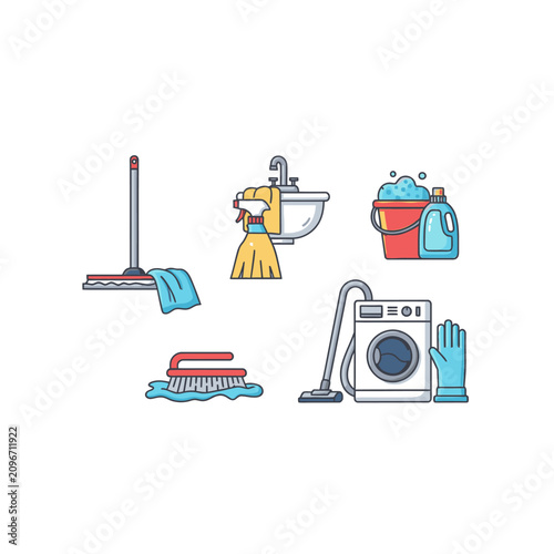 Cleaning icons set with broom, mop, sink, washing machine, and bucket