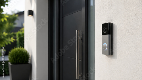 A modern smart video doorbell installed next to a sleek black front door of a contemporary home.