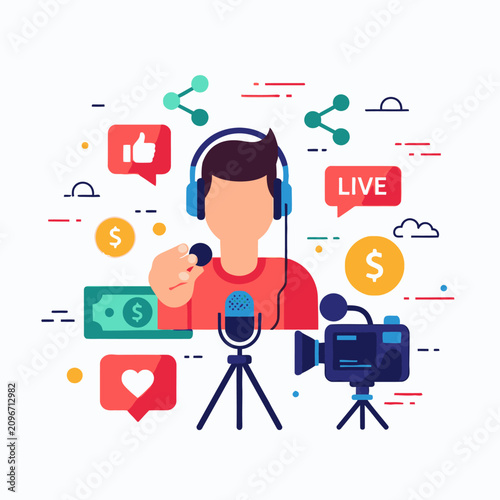 A person wearing headphones speaks into a microphone with a camera and various social media icons around them in a lively online broadcasting setup.