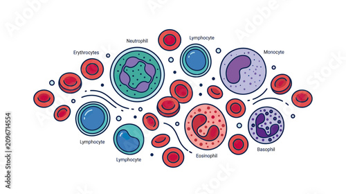 Bild auf Leinwand Human Blood Cells: Erythrocytes, Leukocytes, Neutrophils, Lymphocytes, Monocytes