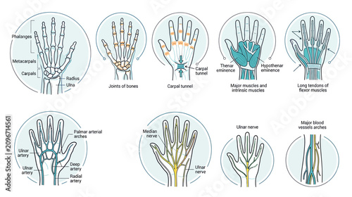 Fotografija Human Hand Anatomy: Bones, Joints, Muscles, Nerves, and Blood Vessels