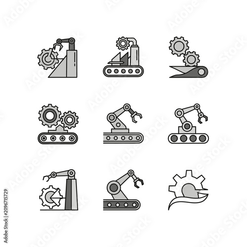 Industrial robotic arms and gear icons in a minimalist flat design style