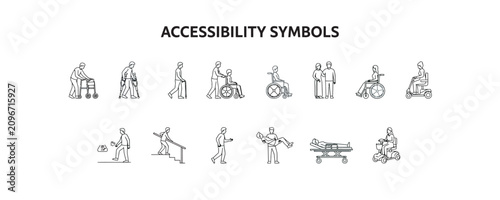 Detailed set of accessibility symbols featuring people with disabilities and medical care
