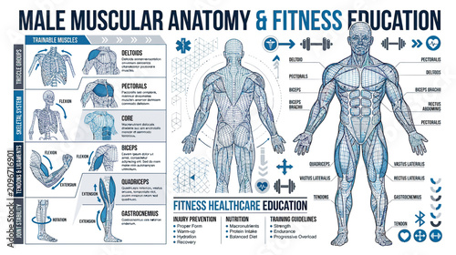 Bild auf Leinwand Male Muscular Anatomy and Fitness Education Chart