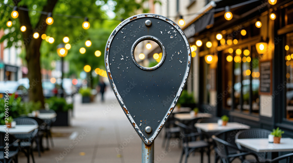 Naklejka premium Street marker pin points to outdoor cafe with string lights. Worn sign indicates urban location with nearby shops and restaurants. Destination marker shows city life.