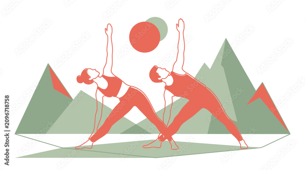 Fototapeta premium Couple Doing Yoga Triangle Pose in Minimalist Mountain Landscape Illustration